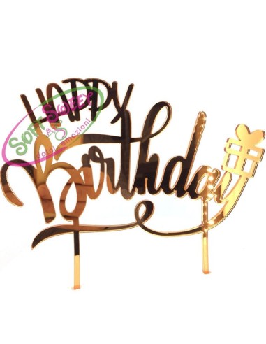 CAKE TOPPER IN PLEXIGLASS A SPECCHIO HAPPY BIRTHDAY CON PACCO REGALO ARANCIO  20X15H