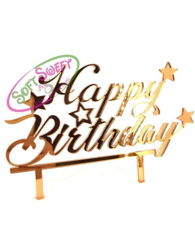 CAKE TOPPER IN PLEXIGLASS A SPECCHIO HAPPY BIRTHDAY CON STELLE ARANCIO 20X15H