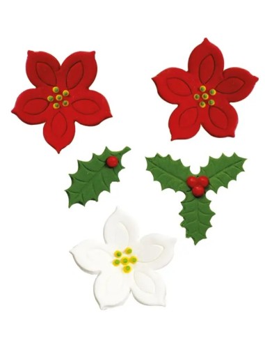 DECORAZIONI IN ZUCCHERO NATALE AGRIFOGLIO E FIORE 7 PZ 3 3,5 4 CM