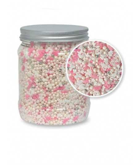 DECORI IN ZUCCHERO ASSORTITI PERLINE UNICORNI E STELLE ROSA E BIANCO 100 GR