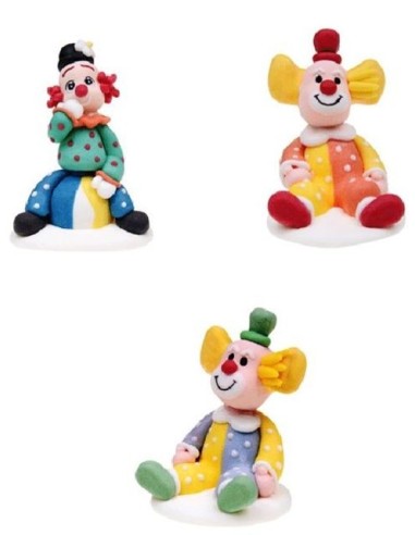 PAGLIACCI CLOWN COLORATI CIRCO SEDUTI SU BASETTA IN ZUCCHERO 3D 3PZ