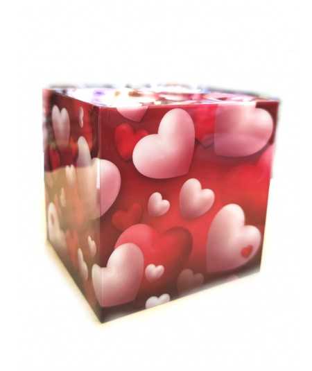 SCATOLA REGALO CUBO IN PLASTICA ROSSA CON CUORI 12 CM