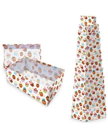 SCATOLA REGALO RETTANGOLARE CON CUPCAKE MUFFIN E POIS COLORATI 23X13X8H